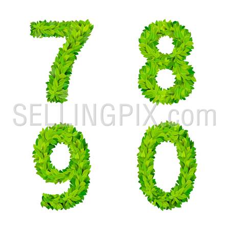 ABC grass leaves letter number elements modern nature placard lettering leafy foliar deciduous vector set. 7 8 9 0 leaf leafed foliated natural letters latin English alphabet font collection.