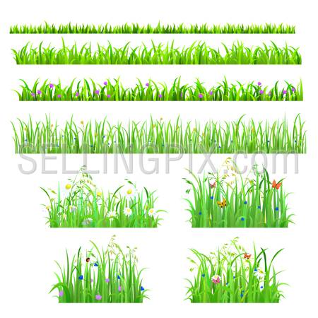 Set of 8 seamless nice shiny fresh flower butterfly grass lines isolated background. Nature spring summer backgrounds collection.