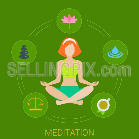 Flat woman meditation process concept web infographics vector. Female in lotus pose and healthy icons lifestyle life balance around.