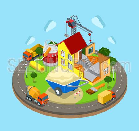 Flat 3d isometric land island infographics construction place process icon concept. Huge wheelbarrow paint roller paintbrush barrow can and crane truck concrete mixer. Web isometry infographic collection