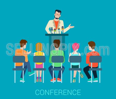 Flat abstract business office conference speaker on tribune and people listening. Creative people collection.