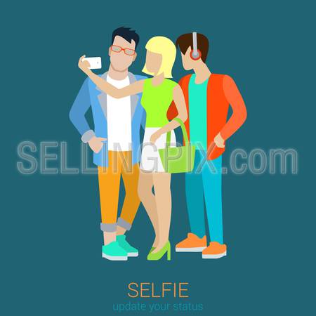 Flat style selfie smartphone making sexy blond girl lady with two abstract hipster male friends. Selfies collection.