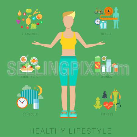 Flat slim healthy lifestyle vector infographics concept. Thin female woman human figure front view with icons of life style elements. Health and fitness collection.