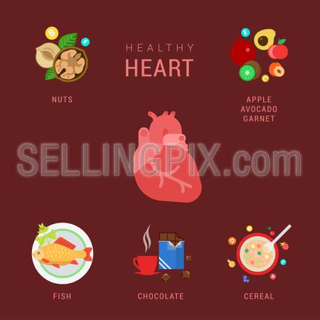 Flat healthy heart lifestyle vector infographics concept. Human organ icon with nuts apple avocado garnet fish chocolate cereal elements around. Health and fitness collection.