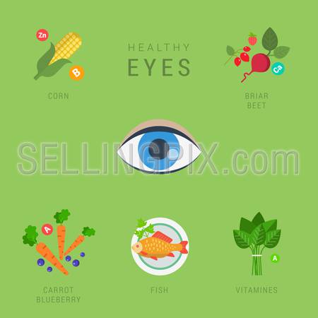 Flat healthy eyes lifestyle vector infographics concept. Human eye icon with corn briar beet carrot blueberry fish vitamin elements around. Health and fitness collection.