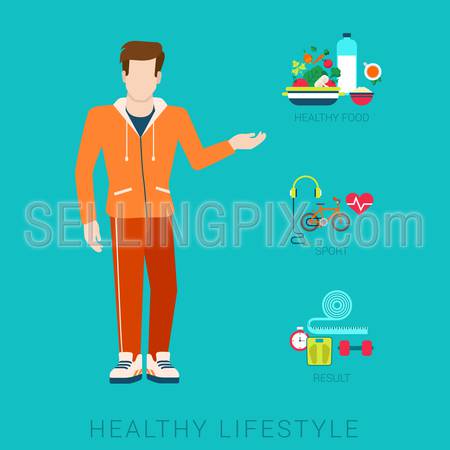 Flat slim healthy lifestyle vector infographics concept. Thin male man human figure front view with icons of life style elements. Health and fitness collection.