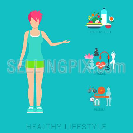 Flat slim healthy lifestyle vector infographics concept. Thin female woman human figure front view with icons of life style elements. Health and fitness collection.