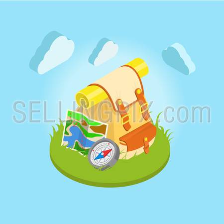 Flat 3d isometric compass navigation concept outdoor travel backpack on grassy lawn field. Bag radio map cup thermos. Icon for geo positioning mobile app software. Tourism collection.