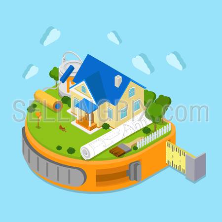 Flat 3d isometric tape measure island infographics house construction place project scheme drawing icon concept. Huge paint roller paintbrush can tape-line. Web isometry infographic collection.