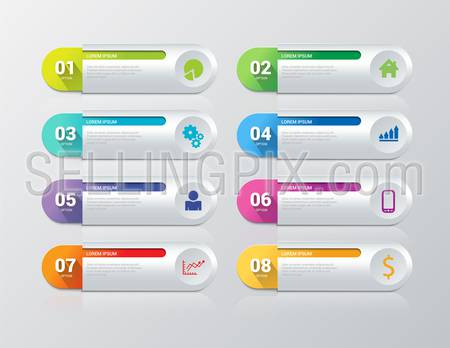 Simple multicolor 8 step process steps labels infographics mockup template. Infographic background concepts collection.