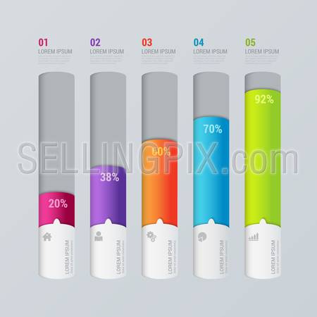 Simple multicolor 5 step indicator bar graph chart graphic process steps labels infographics mockup template. Infographic background concepts collection.
