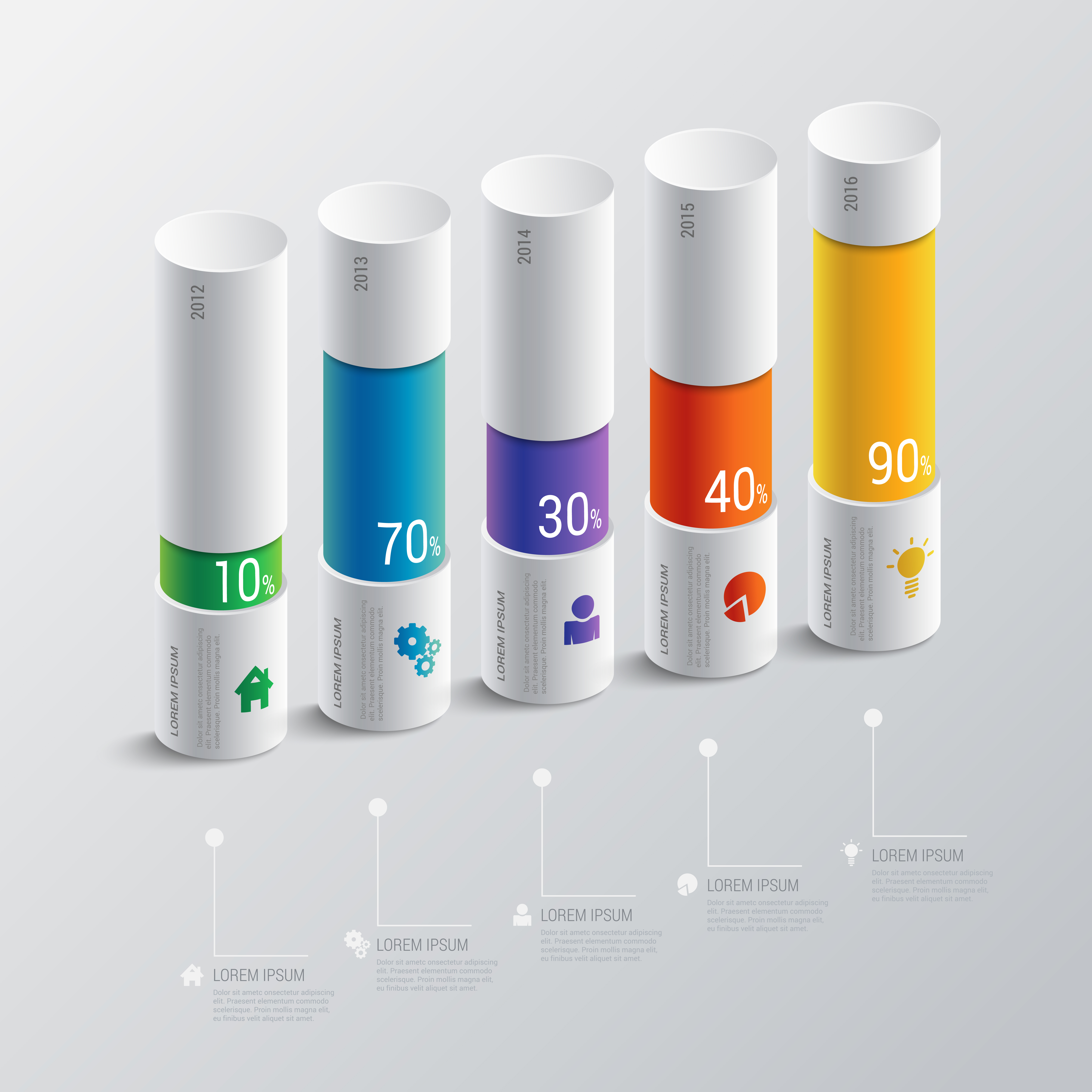 Simple multicolor 5 step timeline indicator bar graph chart graphic process steps labels infographics mockup template. Infographic background concepts collection.