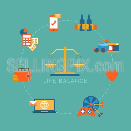 Flat life balance lifestyle concept. Scales weights icon and work income finance strategy love romance shopping friendship aspects.