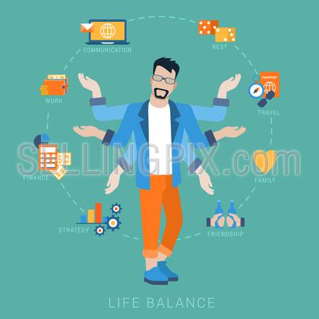 Flat life balance many armed young man abstract shiva lifestyle concept. Male figure with multi hands pointing to work income finance planing strategy family travel friendship aspects.