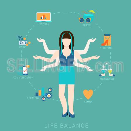 Flat life balance many armed young woman abstract shiva lifestyle concept. Female figure with multi hands pointing to work income finance strategy love romance shopping friendship aspects.