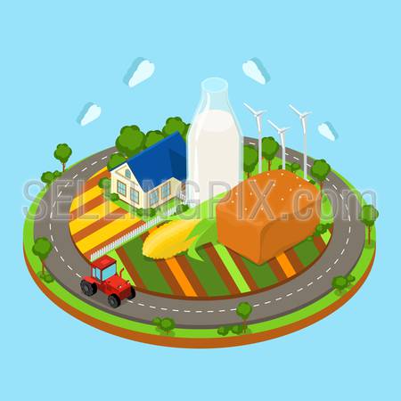 Flat 3d isometric countryside farm infographics. Farmhouse tractor on circle road field and huge corn bread loaf wind turbine icon concept. Web isometry infographic collection.