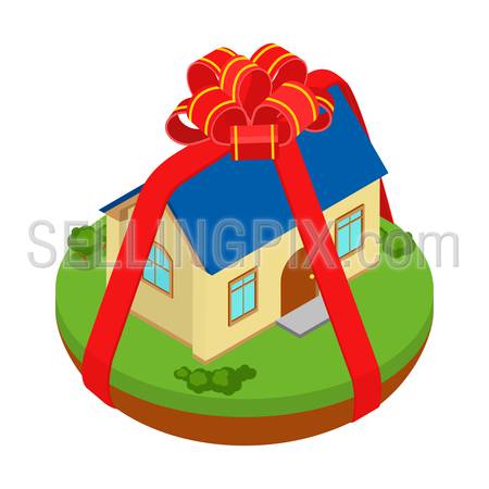 Flat 3d isometric gift present stripe ribbon bow wrapped house on island infographic  icon concept. Web isometry infographics collection.