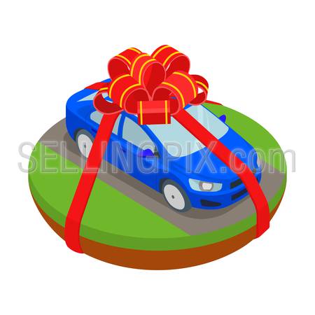 Flat 3d isometric gift present stripe ribbon bow wrapped car on road island infographic  icon concept. Web isometry infographics collection.
