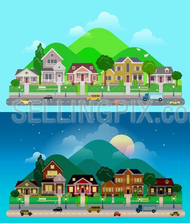 Flat cartoon city town suburb set day and sunset night hilly mountains on background. Road transport street traffic before line of low-rise buildings townhouse mansion house. World cities collection