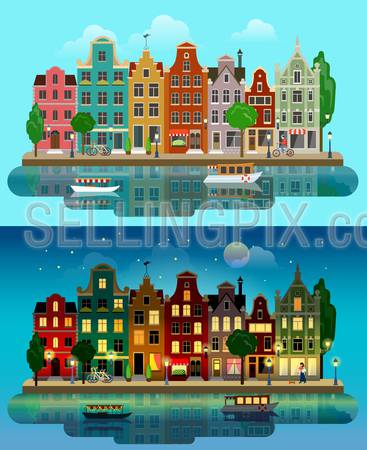 Flat cartoon multicolor colorful historic buildings city town suburb set day and sunset night Amsterdam Holland. River canal channel boat embankment street bicycles. Urban life lifestyle collection.