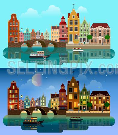 Flat cartoon multicolor colorful historic buildings city town suburb set day and sunset night Amsterdam Holland. River sea canal channel bridge boat embankment street. Urban life lifestyle collection.