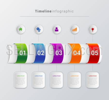Simple stylish multicolor tube timeline 5 steps with icon label infographics mockup template. Infographic background concepts collection.