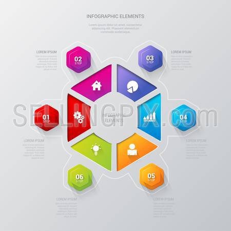 Stylish multicolor hexagonal 6 step sector infographics mockup template. Infographic elements background concept collection.