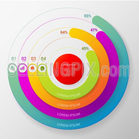 Circular stylish multicolor round percent line 4 step indicators infographics mockup template. Target red center thick lines intertwine interlace. Infographic elements background concepts collection.