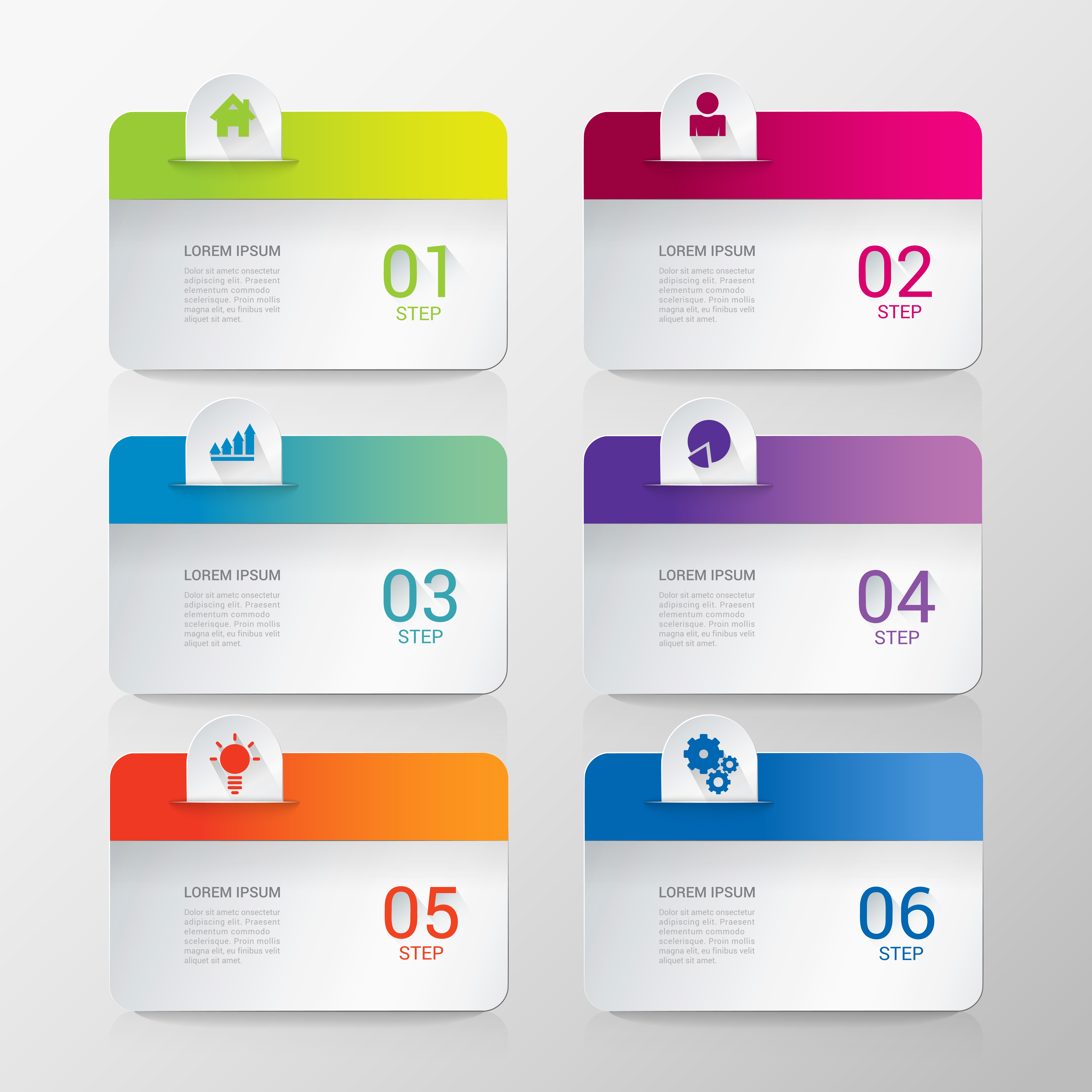 Simple stylish multicolor rounded rectangle labels backgrounds 6 step infographics mockup template. Infographic background concepts collection.
