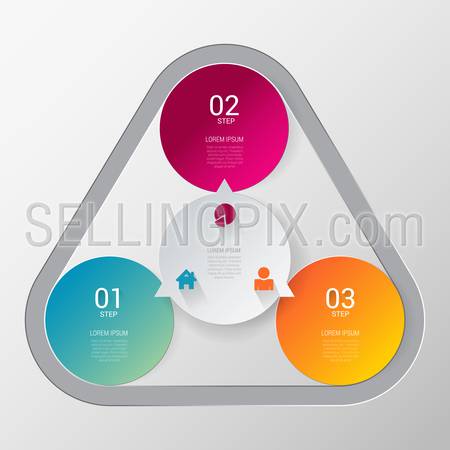Three step process indicator simple stylish multicolor infographics mockup template. 3 circle indicators united combined by rounded triangle. Infographic elements background concepts collection.