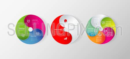 Disc style set of 3 stylish multicolor circle infographics mockup template. 2, 3, 5 step circular numbered process. Infographic background concepts collection.