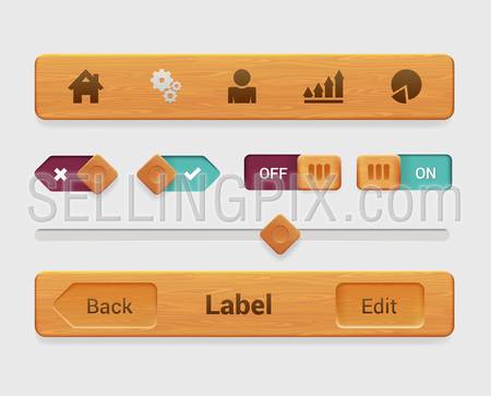 Stylish wooden texture mobile app smartphone tablet web interface element set. Wood textured tab navigation bar radio switch button slider. Interfaces elements collection.
