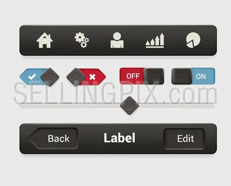 Stylish brushed metal texture mobile app smartphone tablet web interface element set. Dark metallic textured tab navigation bar radio switch button slider. Interfaces elements collection.