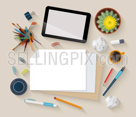 Showcase mockup modern flat design vector illustration concept. Top view table creative person artist workplace empty objects tablet crumpled paper cactus. Promotional materials template collection.