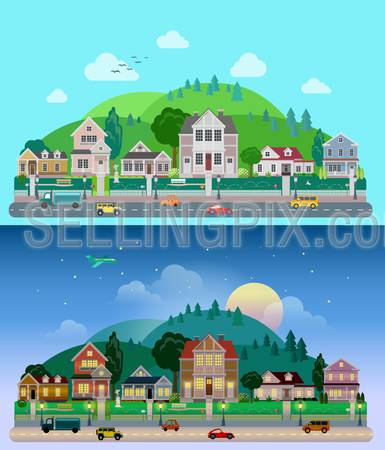 Flat cartoon city town suburb set day and sunset night hilly mountains on background. Road transport street traffic before line of low-rise buildings townhouse mansion house. World cities collection