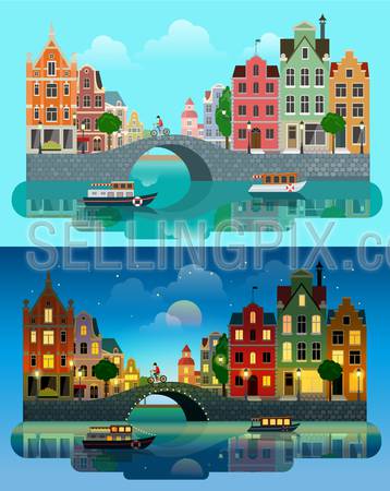 Flat cartoon multicolor colorful historic buildings city town set day and sunset night Amsterdam Holland, Venice Italy. River sea canal channel bridge boat embankment bicycle multi color street