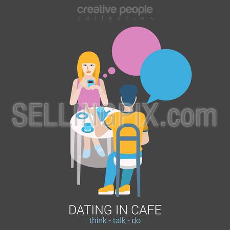 Real dating flat web infographic concept vector. Couple date in real life sitting talking restaurant cafe table chat bubble. Build your own world creative people collection.
