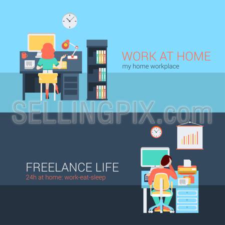 Set of young man woman home office freelance homework laptop table workplace back view. Flat people lifestyle situation work at home concept. Vector illustration collection of young creative humans.