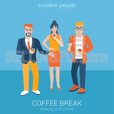 Flat people relax leisure lifestyle situation coffee smoking cigarette time concept. Two young male and female coffee break. Vector illustration collection of young creative humans.