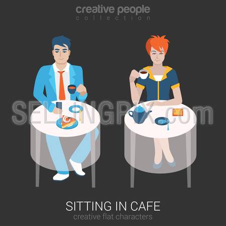 Flat people relax leisure lifestyle situation in cafe restaurant concept. Set of young beautiful man woman sitting table drinking tea coffee alone. Young creative human vector illustration collection.