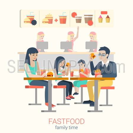 Set of stylish happy smiling family mother father daughter son figures sitting fastfood table eating burger fries. Flat people lifestyle situation fast food cafe restaurant meal time concept.