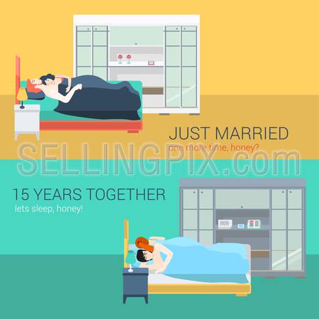 Set of family couple in bedroom bed sleeping sex love romance. Flat people lifestyle situation husband wife family concept. Vector illustration collection of young creative human.