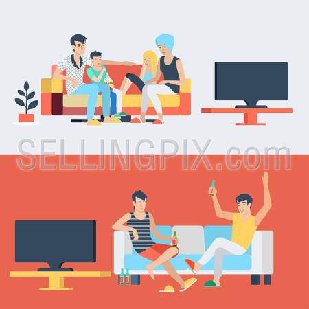 Set family couple kids children in living room parenting watch TV. Friends drink beer. Flat people lifestyle situation family friendship leisure time concept. Young creative human collection.