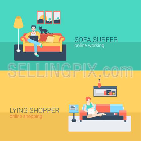 Flat style set people sofa leisure relax online activity. Sitting man laptop internet web site surfing. Lying young woman living room laptop shopping internet order. Creative people collection.