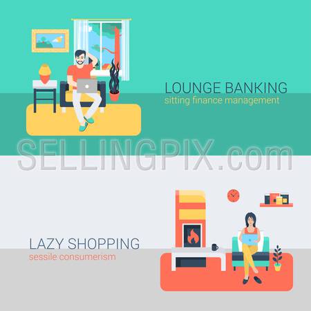 Flat style set people sofa leisure relax online activity. Sitting man laptop online banking finance management. Young woman fireplace laptop shopping sessile consumerism. Creative people collection.