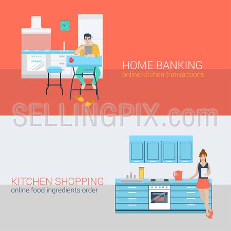 Flat style set people sofa leisure kitchen relax online activity. Sitting man laptop online banking. Young woman stove tablet meal ingredient order. Creative people collection.