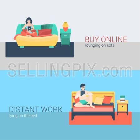 Flat style set people sofa leisure relax online activity. Sitting man tablet online web surfing distant bedroom work. Young woman internet shopping living room. Creative people collection.