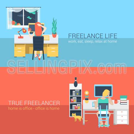 Set of young man woman home office freelance homework laptop table workplace back view. Flat people lifestyle situation work at home concept. Vector illustration collection of young creative humans.