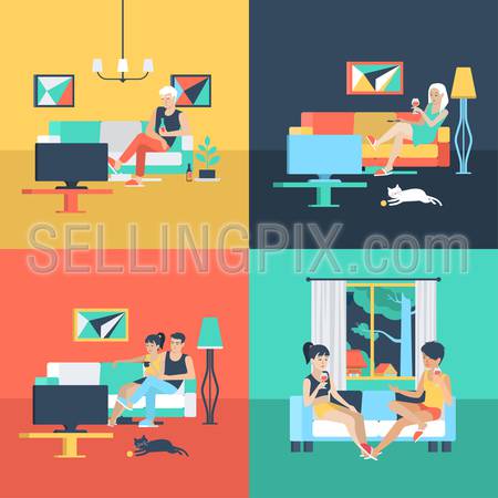 Set of family couple alone solitude female friendship in living room watch TV. Flat people lifestyle situation relax leisure time concept. Vector illustration collection of young creative humans.