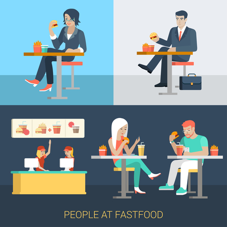 Set of stylish businessman businesswoman manager secretary stylish casual couple sitting fastfood table. Flat people lifestyle situation fast food cafe restaurant meal time concept. Creative human.